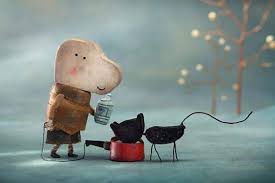 Fotograma del cortometraje animado La petite casserole d’Anatole donde el niño arrastra su pequeña cacerola roja.