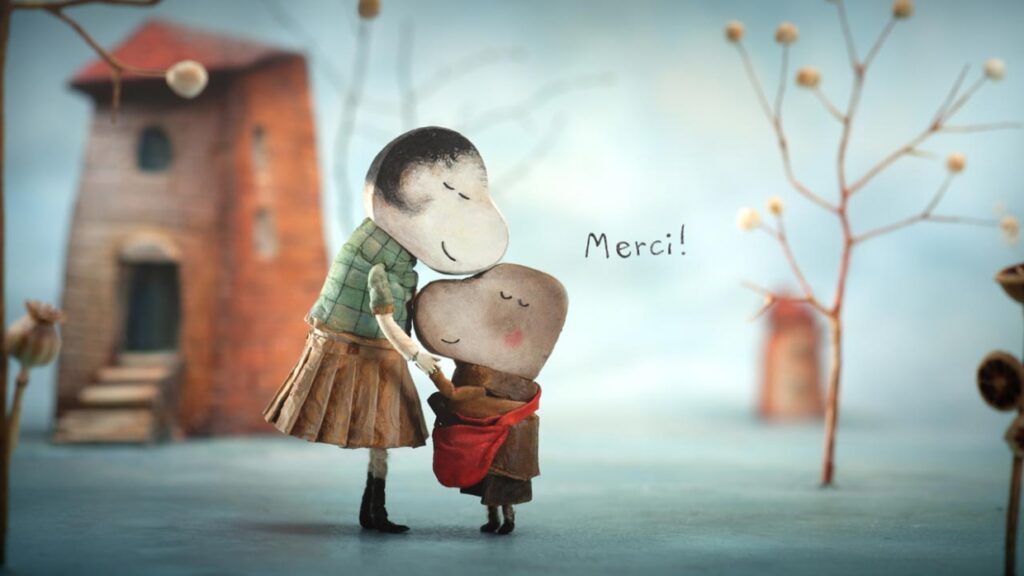 Fotograma del cortometraje animado La petite casserole d’Anatole donde el niño arrastra su pequeña cacerola roja.