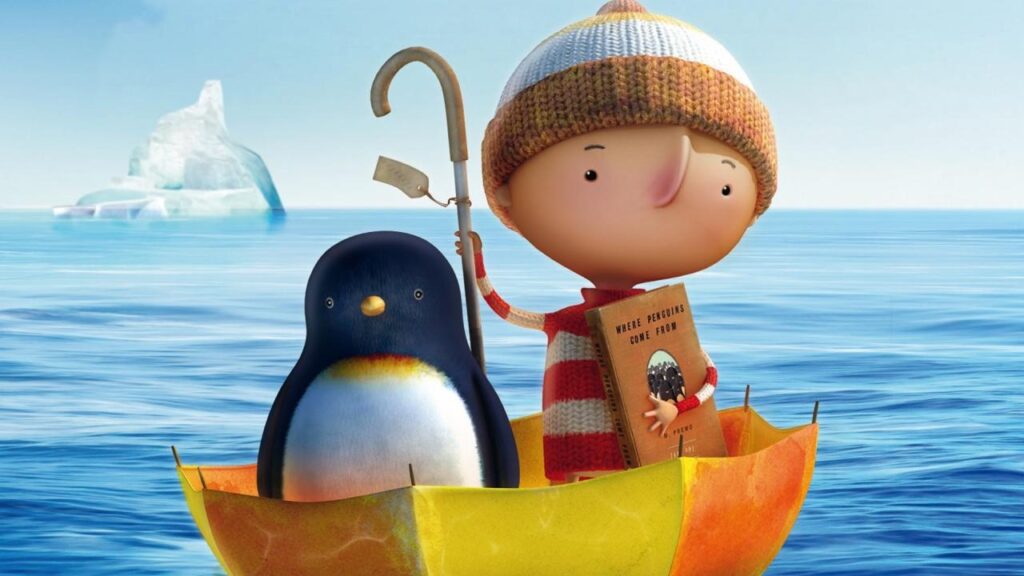 Fotograma del corto Lost and Found con el niño y el pingüino navegando juntos en el mar.