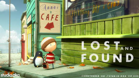 Imagen del corto Lost and Found con el niño y el pingüino recorriendo la ciudad.