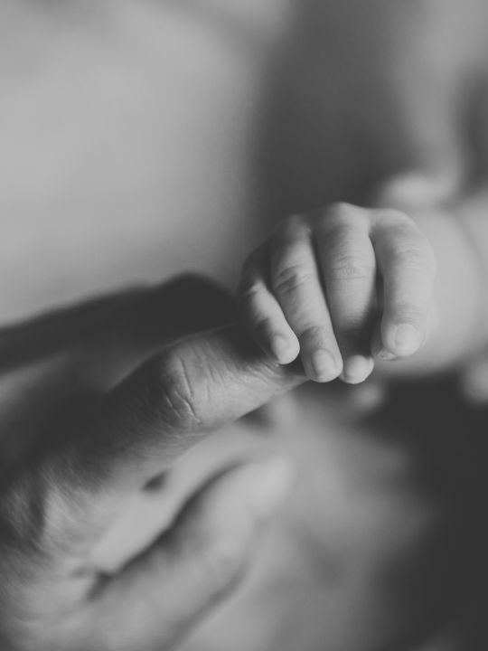 Bebé toma la mano de su cuidador